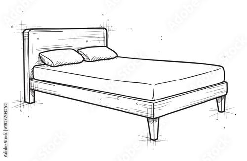Detailed black and white sketch drawing of a modern bed with headboard and pillows suitable for home decor inspiration, furniture catalogs, or bedroom renovation ideas