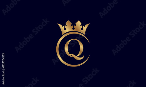 Luxury Golden Letter Q Logo with Royal Crown and Circular Frame on Dark Background