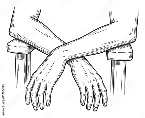 Human arms crossed resting on pedestals depicting a gesture of contemplation or relaxation, perfect for symbolic imagery and educational materials