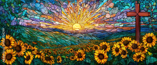 Stained Glass Cross and Sunflowers Landscape – AI Generative
