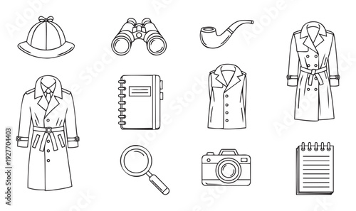 Comprehensive collection of classic detective tools and spy accessories for mysterythemed graphic projects, suitable for educational content and engaging roleplaying applications