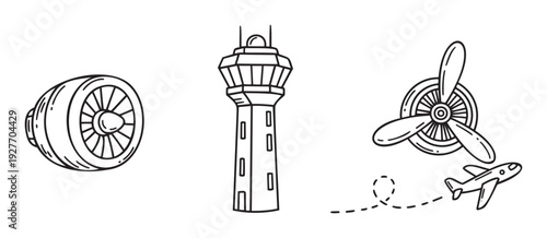 Comprehensive aviation elements set featuring a powerful jet engine, a tall air traffic control tower, a rotating propeller, and an airplane in flight, perfect for travel industry