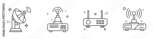 Discover a collection of modern line icons depicting satellite dishes, internet routers, and wireless network devices for various technology, communication, and connectivity applications