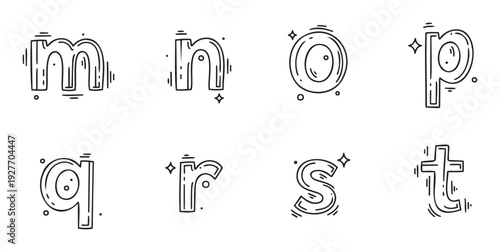 Quirky black and white lowercase alphabet letters from m to t in a cute doodle style with graphic lines and dots for creative projects childrens books and educational content