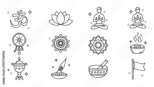 Collection of minimalist line icons representing yoga, meditation, and spiritual wellness, ideal graphic resource for healthfocused businesses and mindfulness applications.