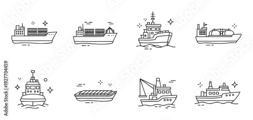 Set of diverse maritime transport vessels such as cargo ships, container ships, fishing boats, and tugboats, ideal for illustrating logistics and ocean shipping concepts