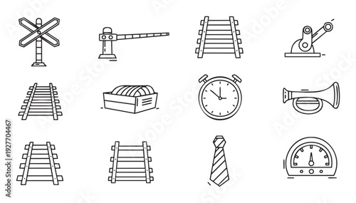 Versatile collection of black and white line icons featuring railway transportation elements, time measurement tools, and general objects perfect for user interface design and web graphics