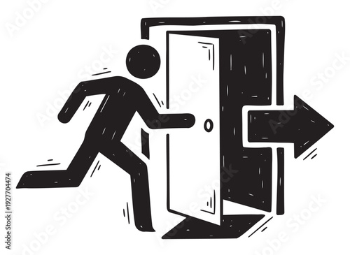 Hand drawn style pictogram showing a person running through an open door with an arrow indicating movement to the right, perfect for safety signs, navigation systems, or instructional