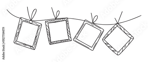 Hanging picture frames with various decorative borders on a string offer a versatile visual component for scrapbooking, memory keeping, or event decoration projects