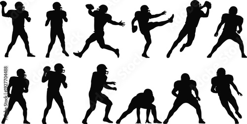 American football player silhouette vector collection, professional athletes in action poses, flavector sports set, throwing kicking running tackling game graphics.