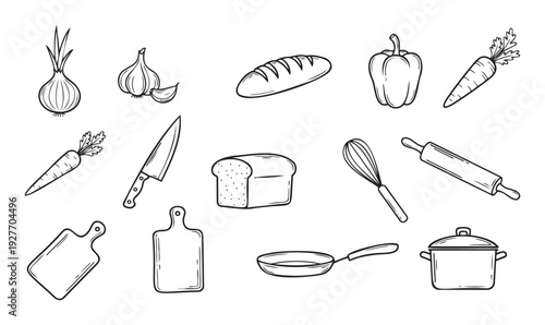 Hand drawn doodle style collection of kitchen ingredients and essential cooking tools perfect for food preparation guides or culinary themed graphic projects