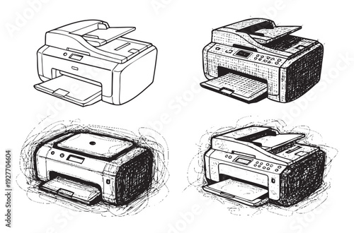 Precisely outlined and expressively sketched multifunction printers shown in black and white handdrawn styles, suitable for depicting office technology or graphic design concepts.
