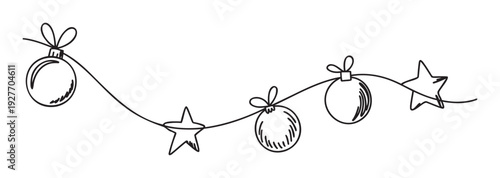 Simple hand drawn doodle style Christmas garland with festive stars and round ornaments strung on a wavy line, ideal for holiday greetings, seasonal events, and cheerful celebrations.