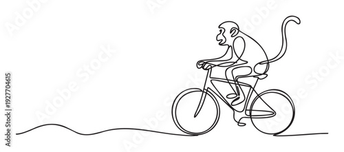 Simple fluid continuous line drawing depicting a monkey riding a bicycle, perfect for creative projects, educational materials, or playful graphic presentations.