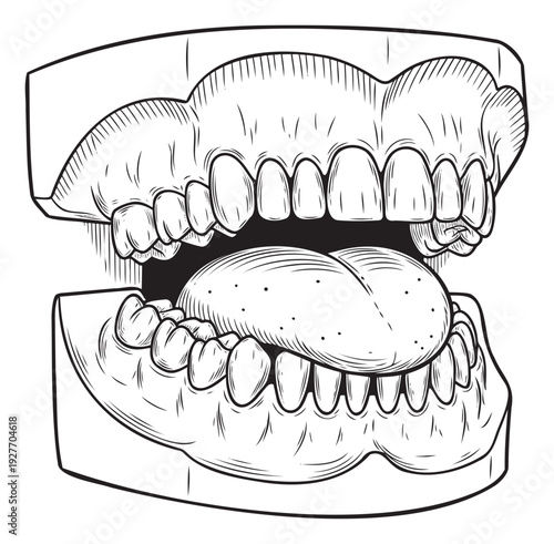 Detailed dental anatomy model showing an open mouth with realistic upper and lower teeth, gums, and tongue, ideal for educational and medical health content or biological study materials.