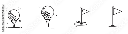 Collection of simple outline golf icons including dimpled golf balls ready for swing and flags marking the hole on a golf course for sportsthemed graphics and presentations