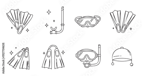A versatile collection of outlined diving and swimming equipment icons featuring flippers, masks, snorkels, and a cap, ideal for aquatic sports, vacation planning, or oceanthemed projects