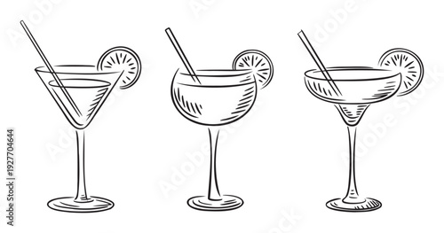 Handdrawn cocktail drinks with citrus garnishes and straws, ideal for crafting engaging bar menus, refreshing summer event posters, or lounge promotions.