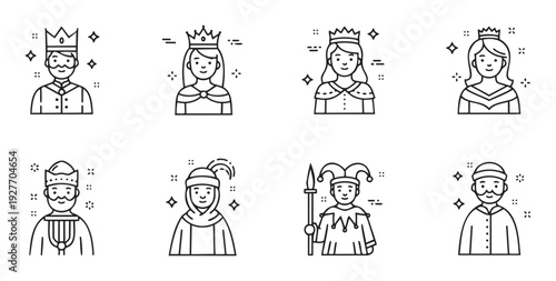 Collection of outlined royal and medieval character icons including king, queen, princess, jester, and other historical figures for user interface elements and educational graphics