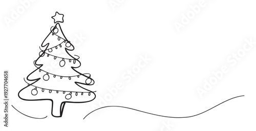 A minimalist continuous line drawing of a festive Christmas tree adorned with a star and sparkling ornaments, perfect for holiday greetings, winter season invitations, or celebratory event