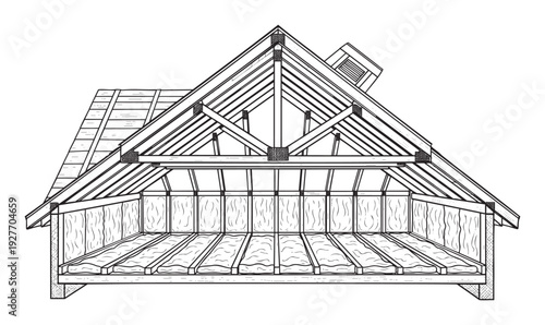 Detailed architectural cross section drawing of a house roof and attic structure showing wooden framing, rafters, insulation, and roof sheathing for construction and renovation projects