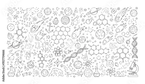 Extensive black and white doodle collection showcasing scientific symbols, molecular structures, celestial bodies, and laboratory equipment suitable for educational resources or graphic