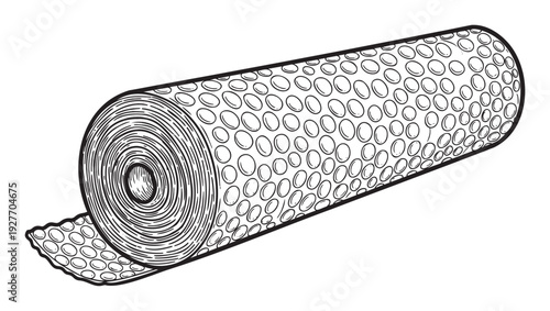 Linocut inspired black and white line drawing of a continuous roll of protective bubble wrap, useful for showcasing shipping, moving, and storage supplies in various applications.
