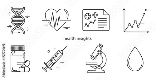 Modern collection of health and medical insights line icons featuring DNA, heart, medical chart, data analysis, and laboratory tools suitable for healthcare technology and wellness