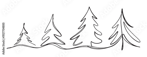 A captivating single continuous line drawing featuring four stylized evergreen trees of progressively increasing height, ideal for holiday greeting designs, winter season decorations, and