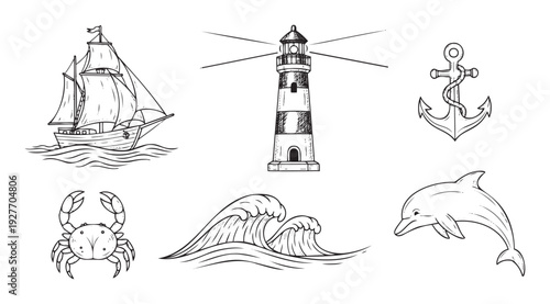 Variety of maritime themed drawings showcasing a sailing vessel, lighthouse, anchor, crab, ocean waves, and a dolphin, suitable for sea adventure products and coastal decorations.