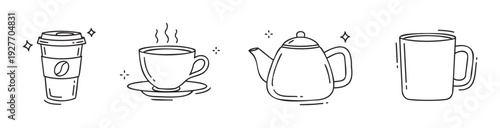 Versatile collection of handdrawn coffee cups, steaming hot beverage mug, and classic teapot outlines perfect for cafe menus or cozy drink promotions