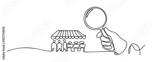 Single line drawing featuring a hand with a magnifying glass examining a row of simplified customers under a shop awning, ideal for illustrating market segmentation and customer behavior