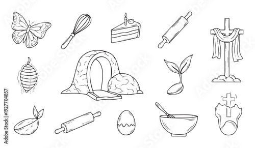 Outline drawings for Easter celebrations featuring resurrection symbols, baking utensils, and spring motifs perfect for childrens activities and holiday greetings.
