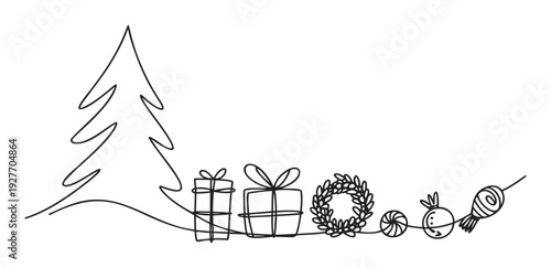 Chic continuous line graphic featuring a Christmas tree, gift boxes, a holiday wreath, and sweet candies, suitable for winter season branding, celebration invitations, or decorative borders.