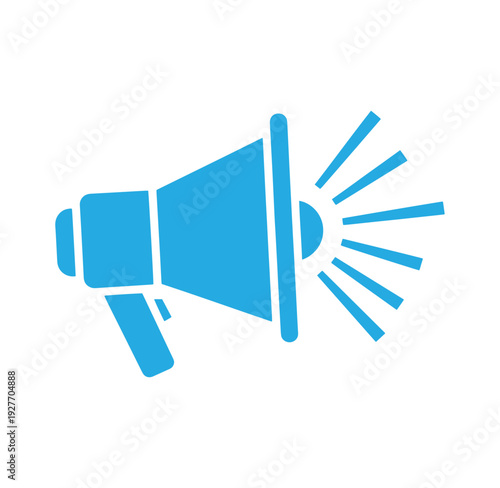 Blue megaphone with sound waves coming out isolated on white background