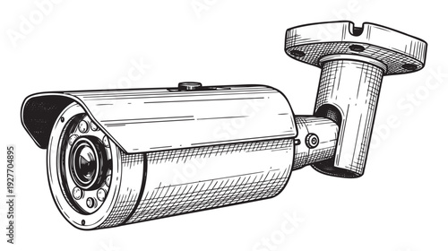 Detailed black and white sketch of a surveillance camera mounted on a bracket, perfect for illustrating safety and protection concepts in security system advertisements or informational