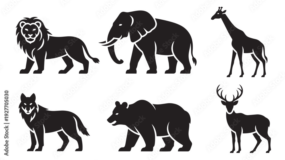 Fototapeta premium Diverse set of striking black silhouette vector illustrations featuring wild animals: lion, elephant, giraffe, wolf, bear, and deer.