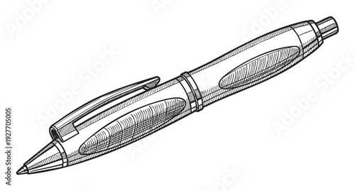 Detailed monochrome hand drawn sketch of a classic writing ballpoint pen with a clip for educational materials, stationery projects, or office supply catalogs