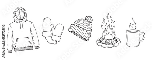 A collection of cozy winter essentials including a hooded sweatshirt, warm mittens, knit beanie, crackling campfire, and steaming hot mug perfect for seasonal marketing or comfort themes.