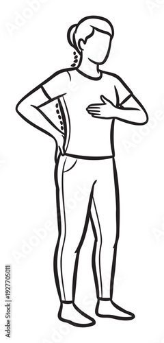 A standing woman holds her hand on her chest and back, illustrating physical discomfort or body awareness for healthcare resources and wellness publications.