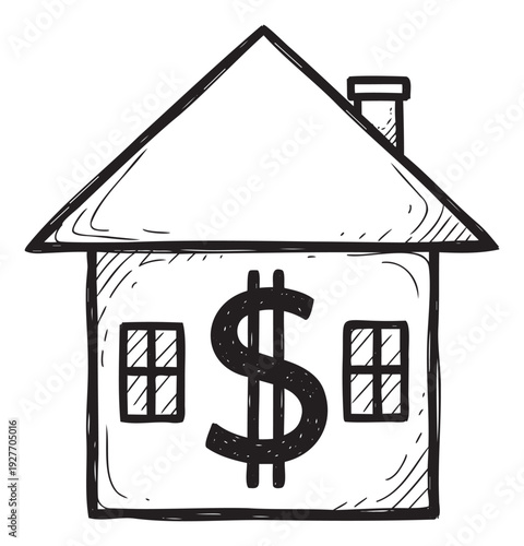 Hand drawn house with a dollar sign on the facade representing the financial aspect of real estate and homeownership, perfect for articles about property investment and housing costs