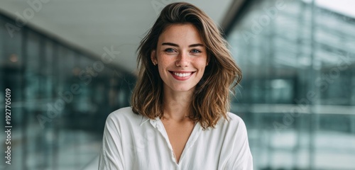 Smiling woman with freckles and wavy brown hair in front of a modern building