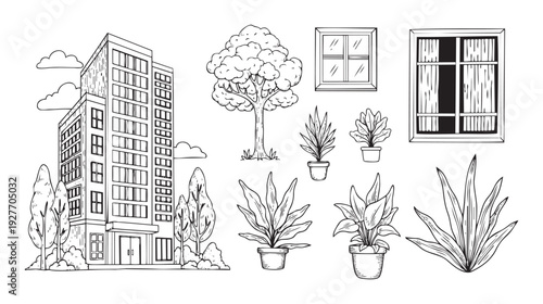 Hand drawn black line drawing of building, trees, windows, and plants offering versatile graphic resources for educational materials and urban decor projects.