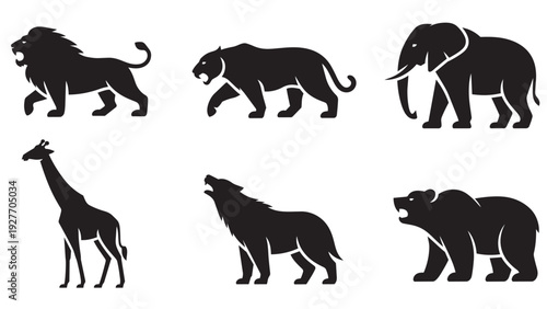Dynamic collection of black silhouette vector illustrations of powerful wild animals in action: lion roaring, tiger prowling, elephant, giraffe, wolf howling, and bear.