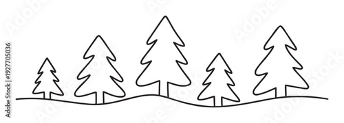 Simple black line drawing showcasing a charming forest of evergreen trees on a natural terrain, perfect for festive holiday designs, cozy winter visuals, or natureinspired branding projects.