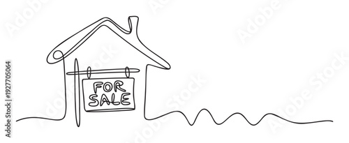 Single continuous line drawing depicting a house with a FOR SALE sign, representing real estate market activity and home buying or selling themes for property advertisement.