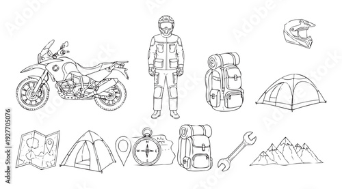 Adventure travel motorcycle rider with touring equipment camping gear and tools for an outdoor journey exploration expedition content