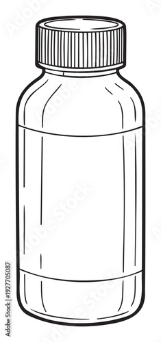 Simple black outline drawing of a generic medicine bottle with a ribbed screw cap, perfect for health product packaging design, pharmaceutical industry educational materials, or medical