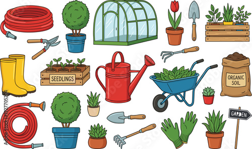 Cute colorful gardening tools and plants vector illustration set, watering can wheelbarrow greenhouse pots boots hose tulip seedlings for spring garden hobby designs