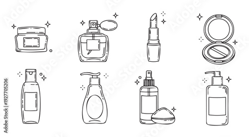 Collection of sparkling line art cosmetic and personal care product icons perfect for enhancing online stores, product listings, and digital advertisements.